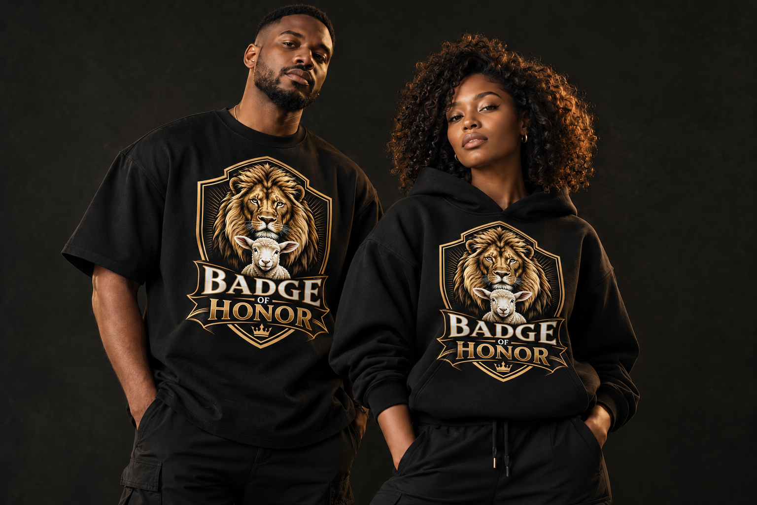 Badge Of Honor black and gold apparel campaign featuring two models